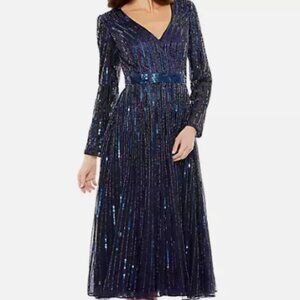 MAC DUGGAL 5528 LONG SLEEVE TEA LENGTH MIDNIGHT NAVY BALLGOWN sz 18
